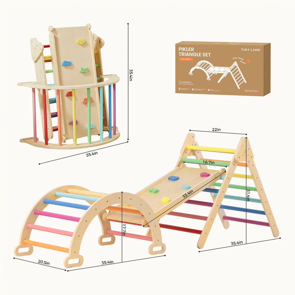 Colorful climbing set shown assembled, folded and with dimensions.