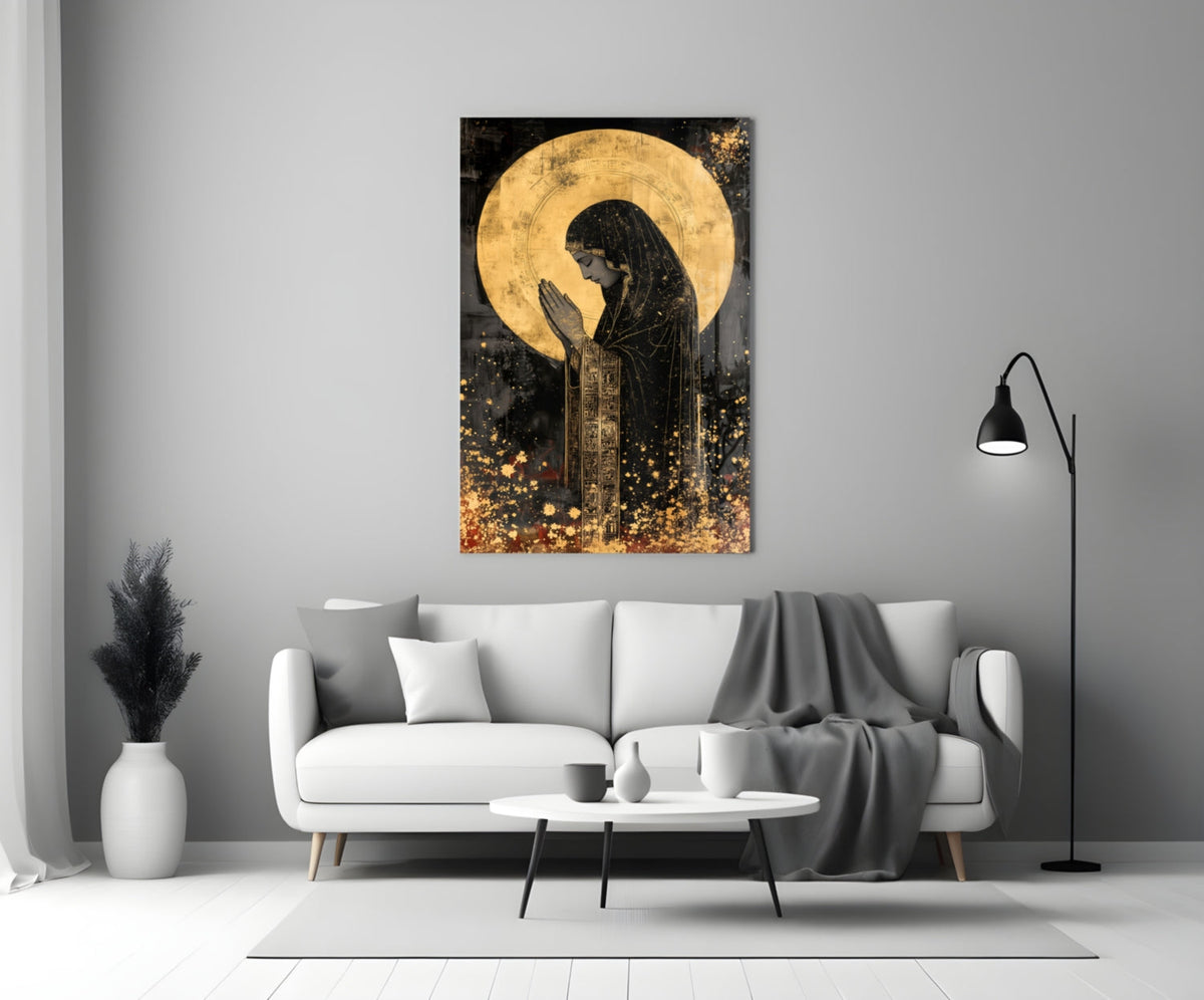 Golden Prayers of Mary Glass Wall Art || Designer Collection