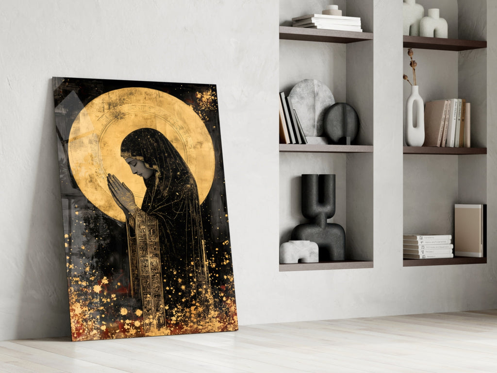 Golden Prayers of Mary Glass Wall Art || Designer Collection