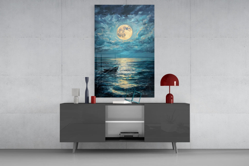 Boat in the Full Moon Glass Wall Art || Designer Collection