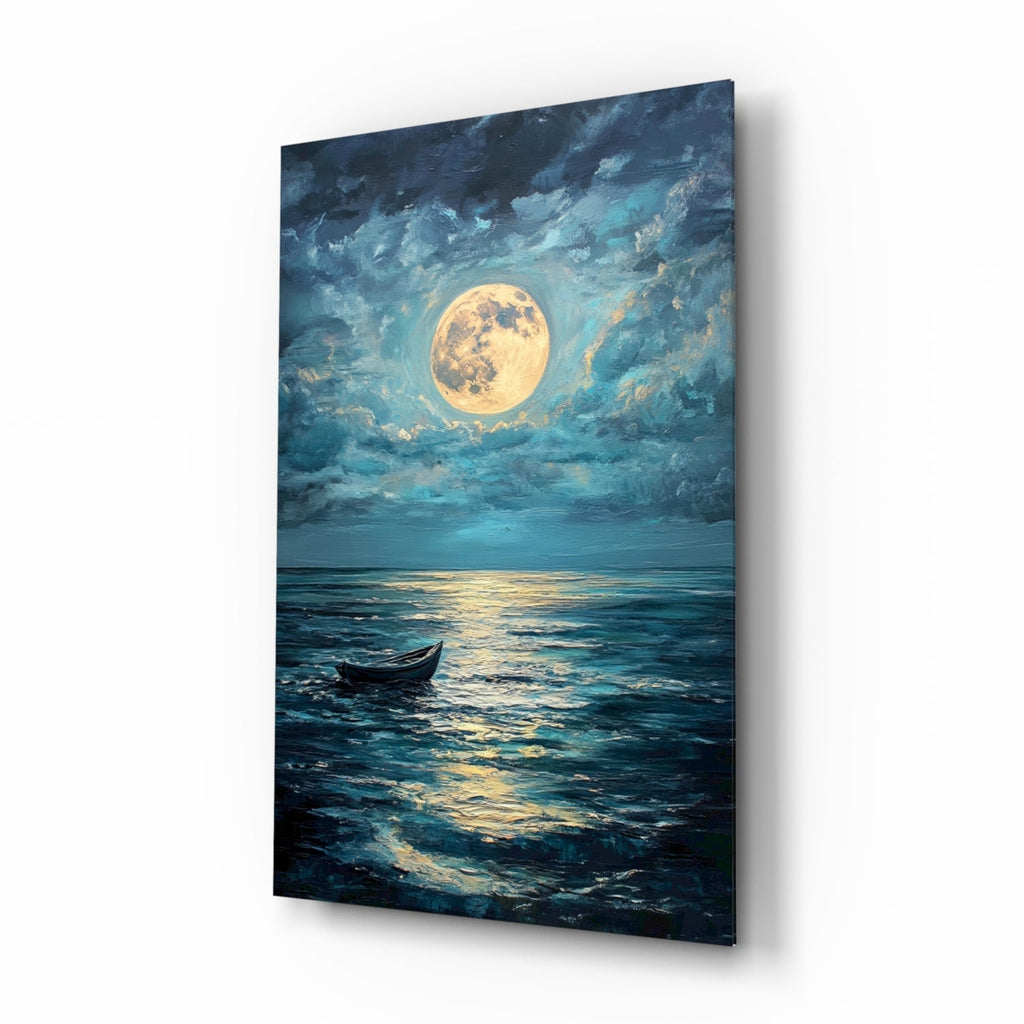 Boat in the Full Moon Glass Wall Art || Designer Collection