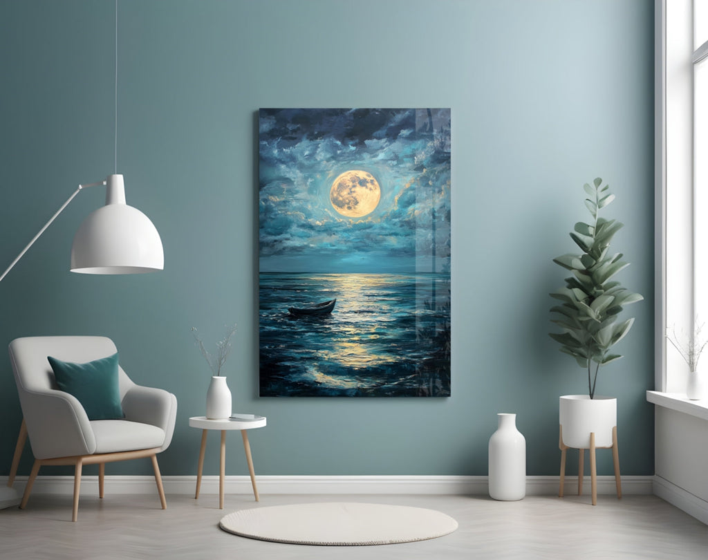 Boat in the Full Moon Glass Wall Art || Designer Collection