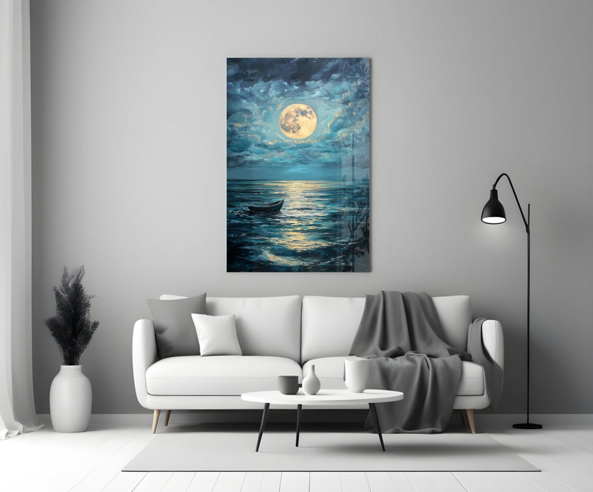 Boat in the Full Moon Glass Wall Art || Designer Collection