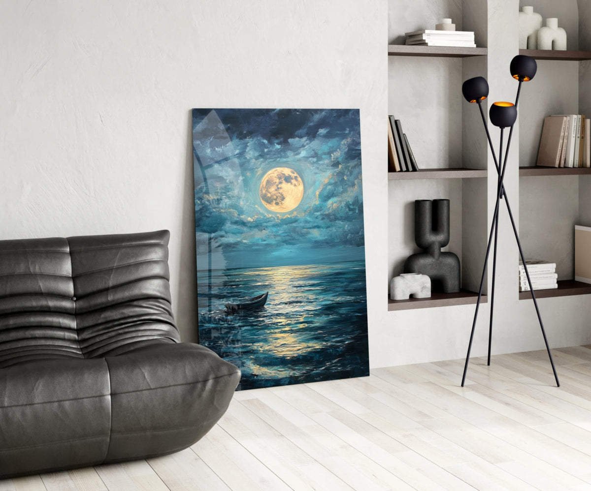 Boat in the Full Moon Glass Wall Art || Designer Collection