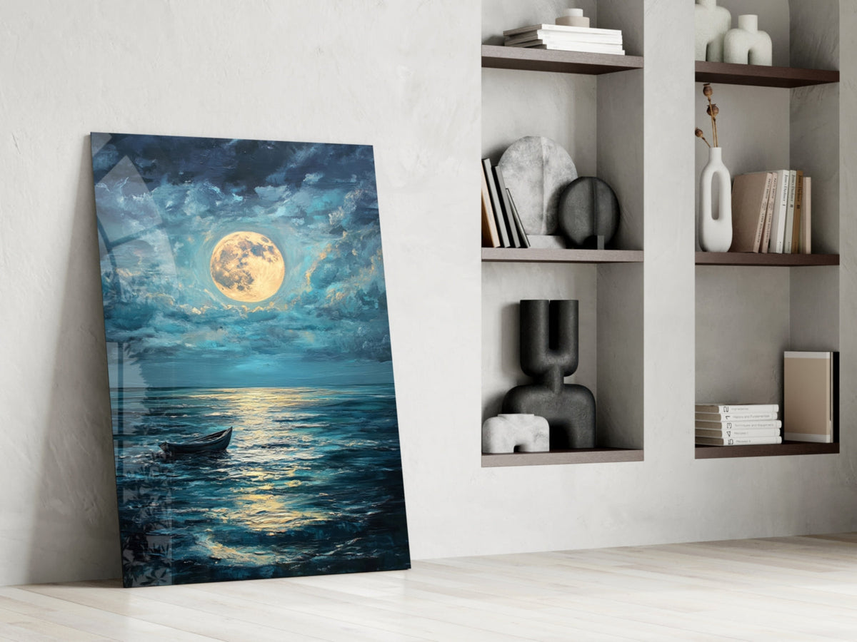 Boat in the Full Moon Glass Wall Art || Designer Collection