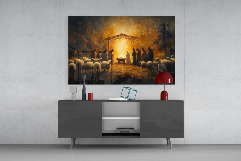 Wall art depicting the Last Supper in warm golden light above a gray console.