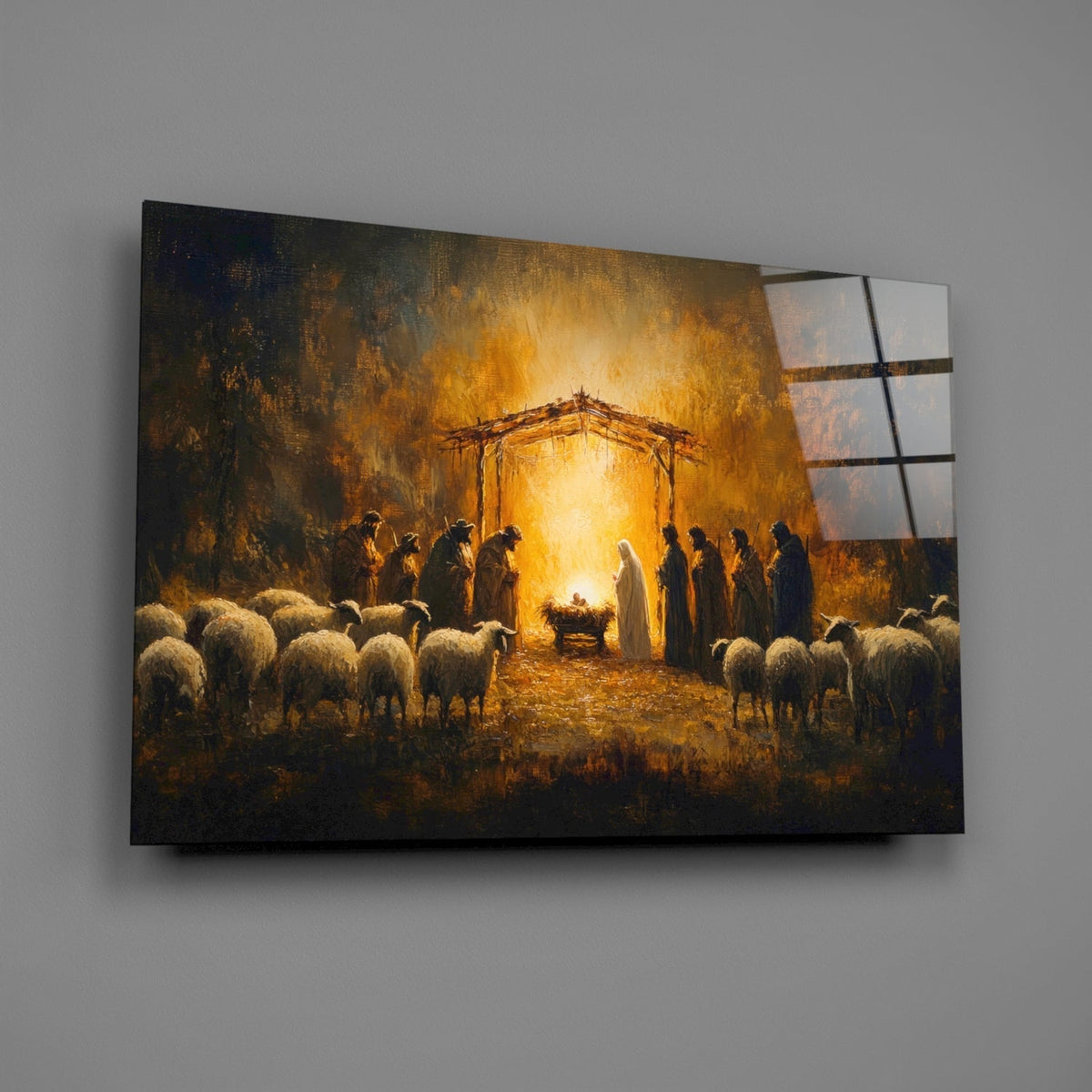 Angled view of wall art depicting the Last Supper in warm golden light.