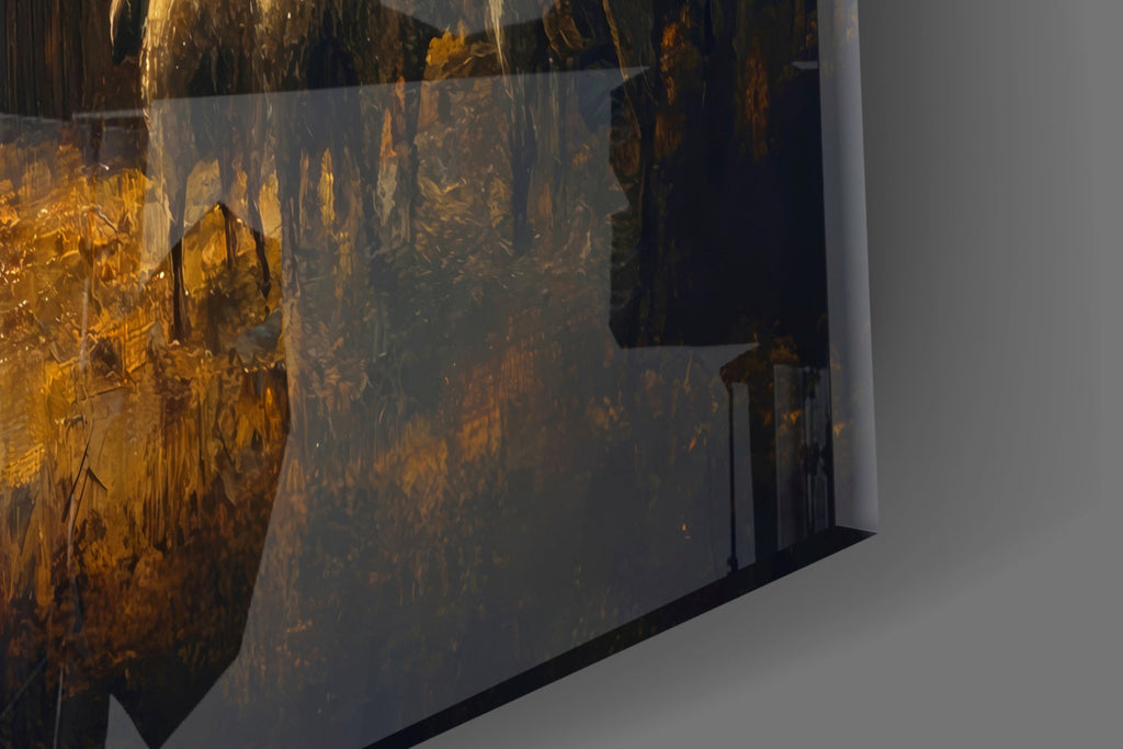 Close-up of the edge of wall art depicting the Last Supper in warm golden light.