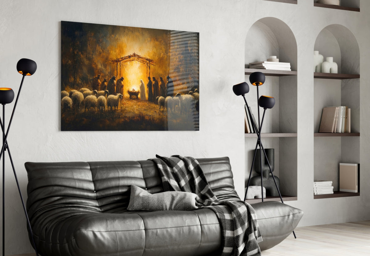 Wall art depicting the Last Supper in warm golden light above a black leather sofa.