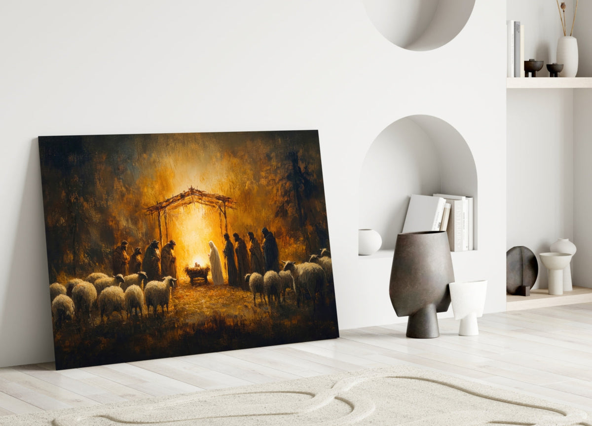 Wall art depicting the Last Supper in warm golden light leaning in a furnished room.