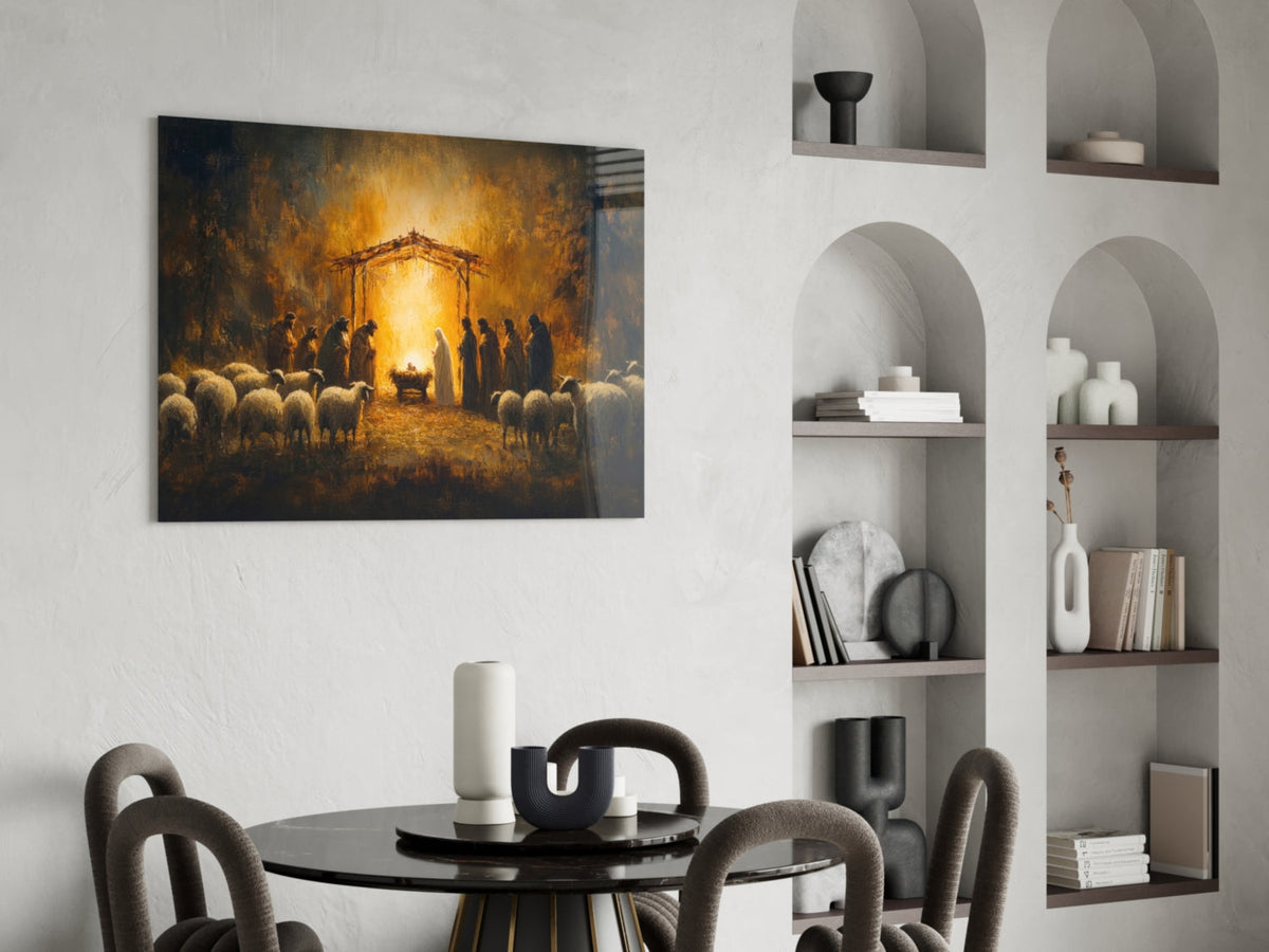 Wall art depicting the Last Supper in warm golden light displayed in a furnished room.