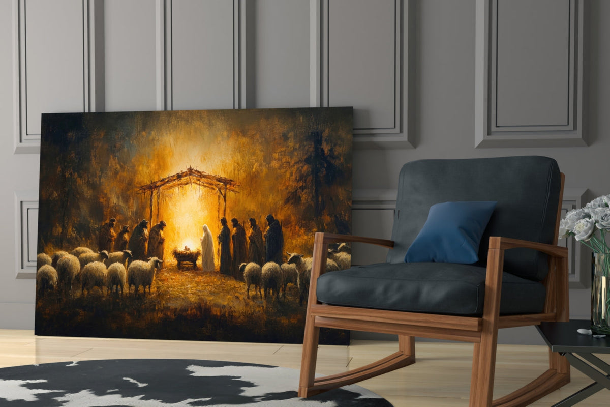 Wall art depicting the Last Supper in warm golden light displayed in a room with shelving.