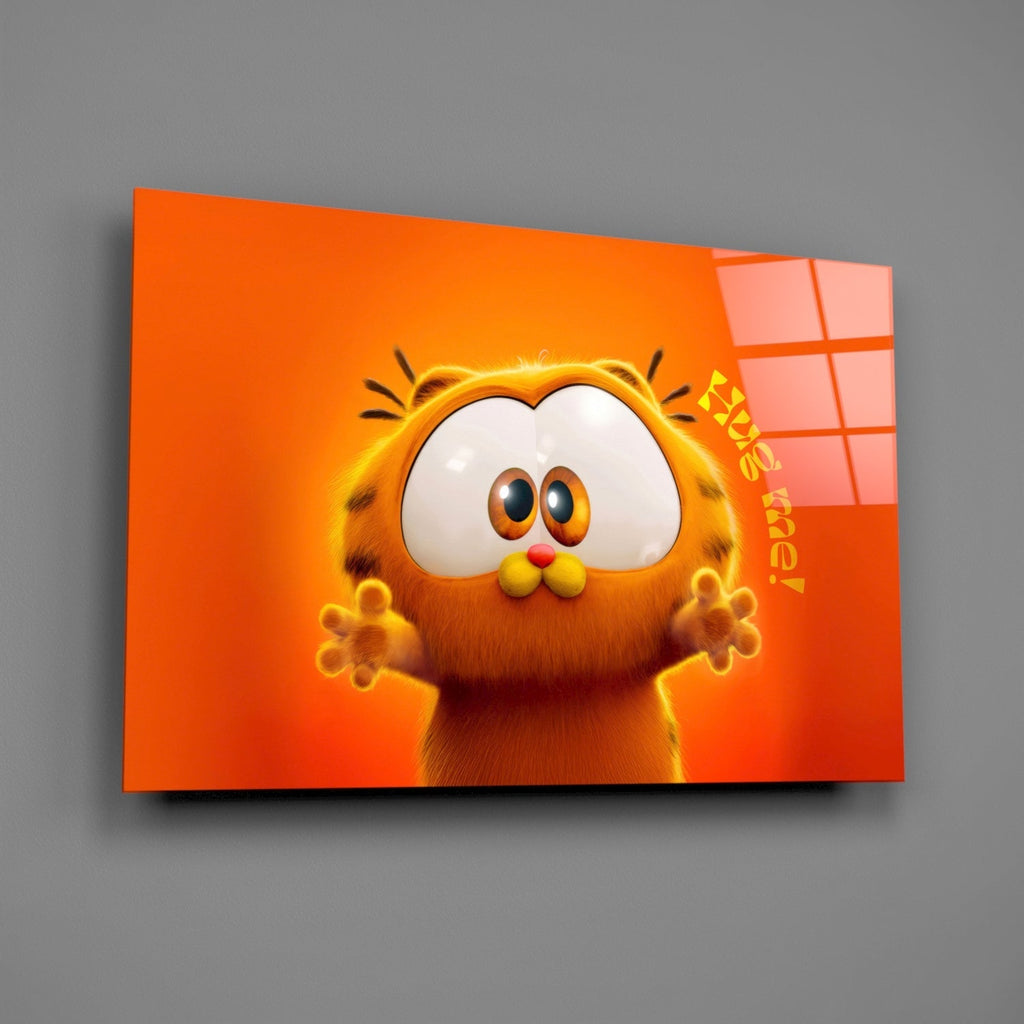 Angled view of wall art depicting Garfield's face on an orange background.