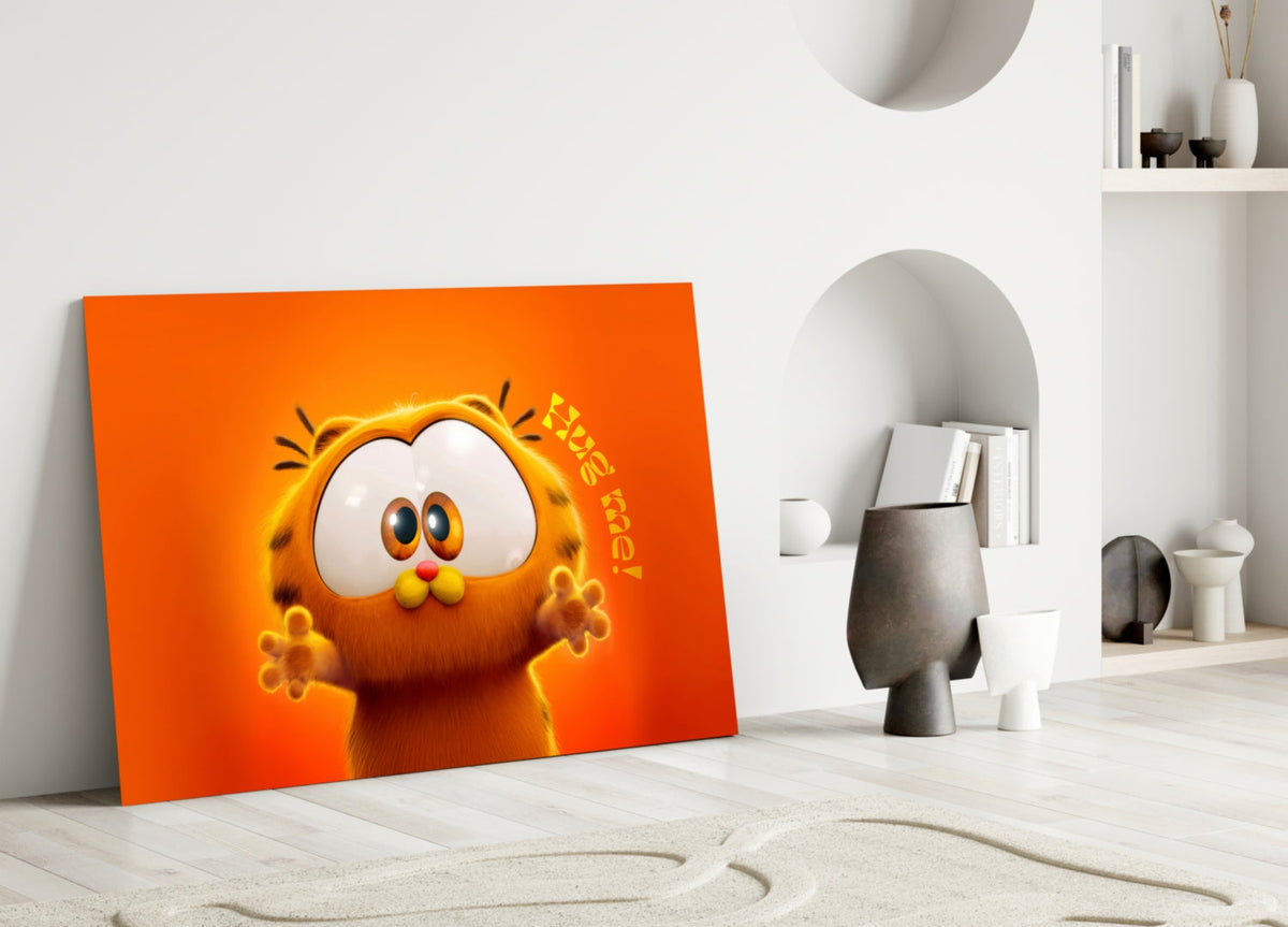 Wall art depicting Garfield's face on an orange background leaning in a furnished room.