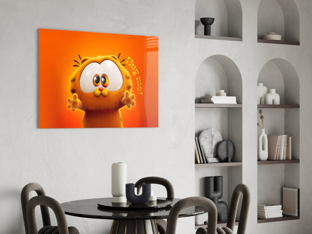 Wall art depicting Garfield's face on an orange background displayed in a furnished room.