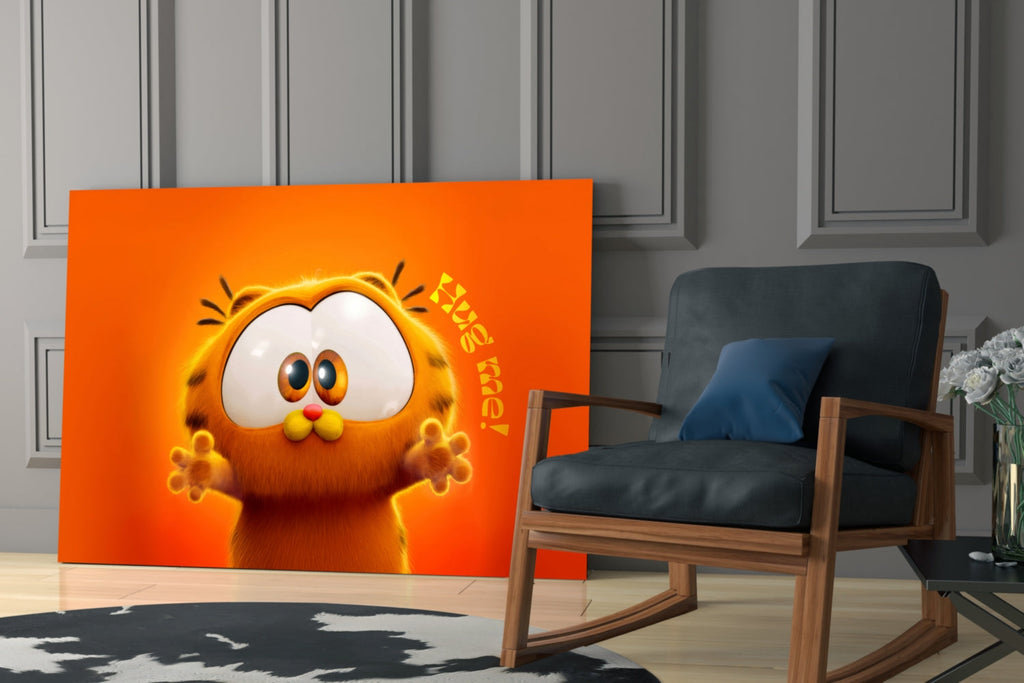 Wall art depicting Garfield's face on an orange background displayed in a room with shelving.