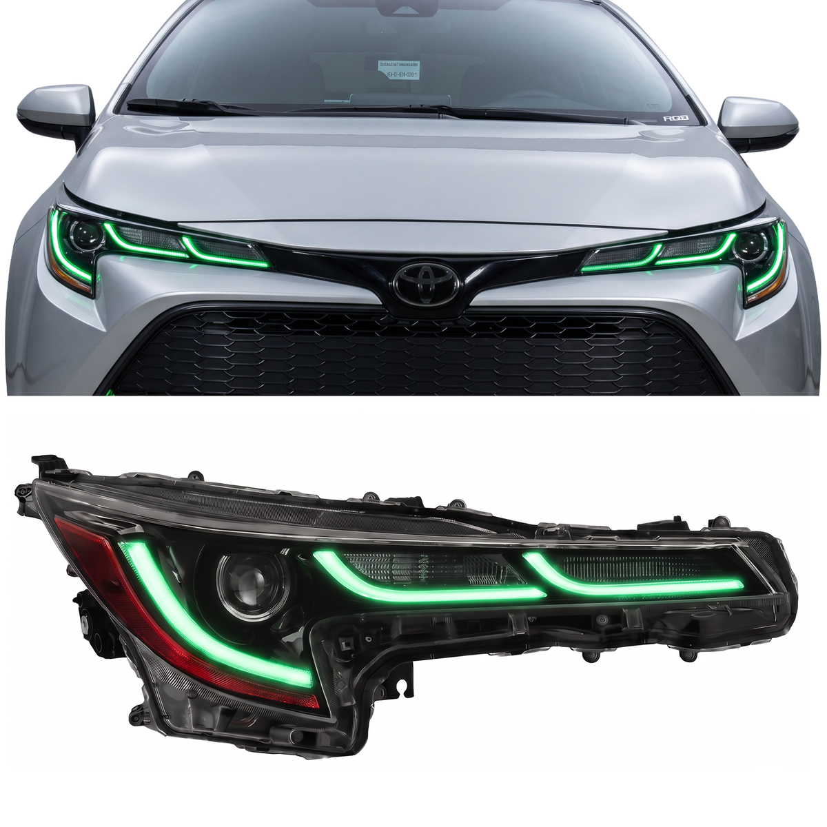 White car and headlight assembly with green strip lighting.