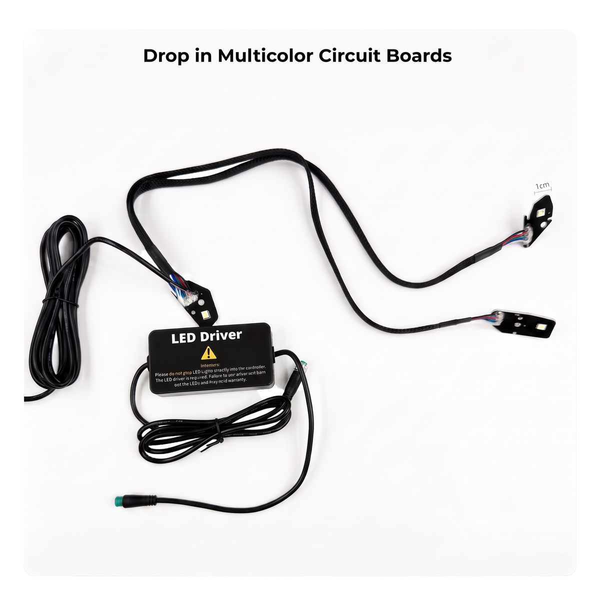 Multicolor headlight circuit boards with wiring.
