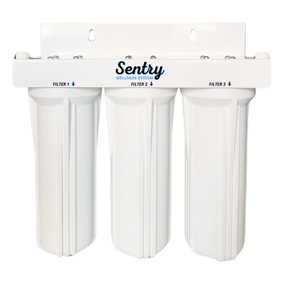 Three white filter housings on a mounting bracket.