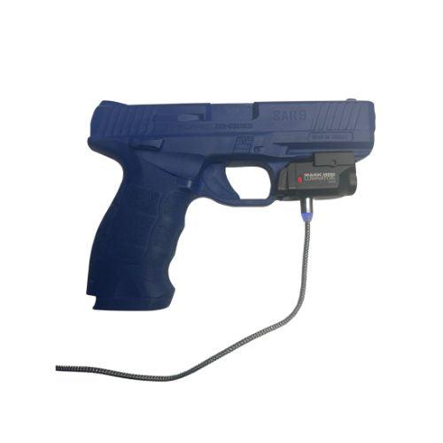 Blue training pistol with tether.