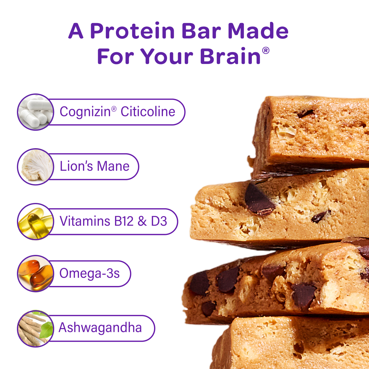 Stacked chocolate-chip bars beside a MOSH featured-ingredient graphic.