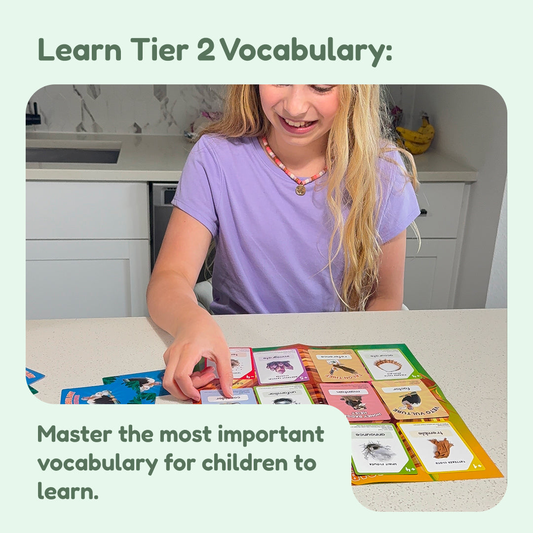Woman holding vocabulary game pieces.