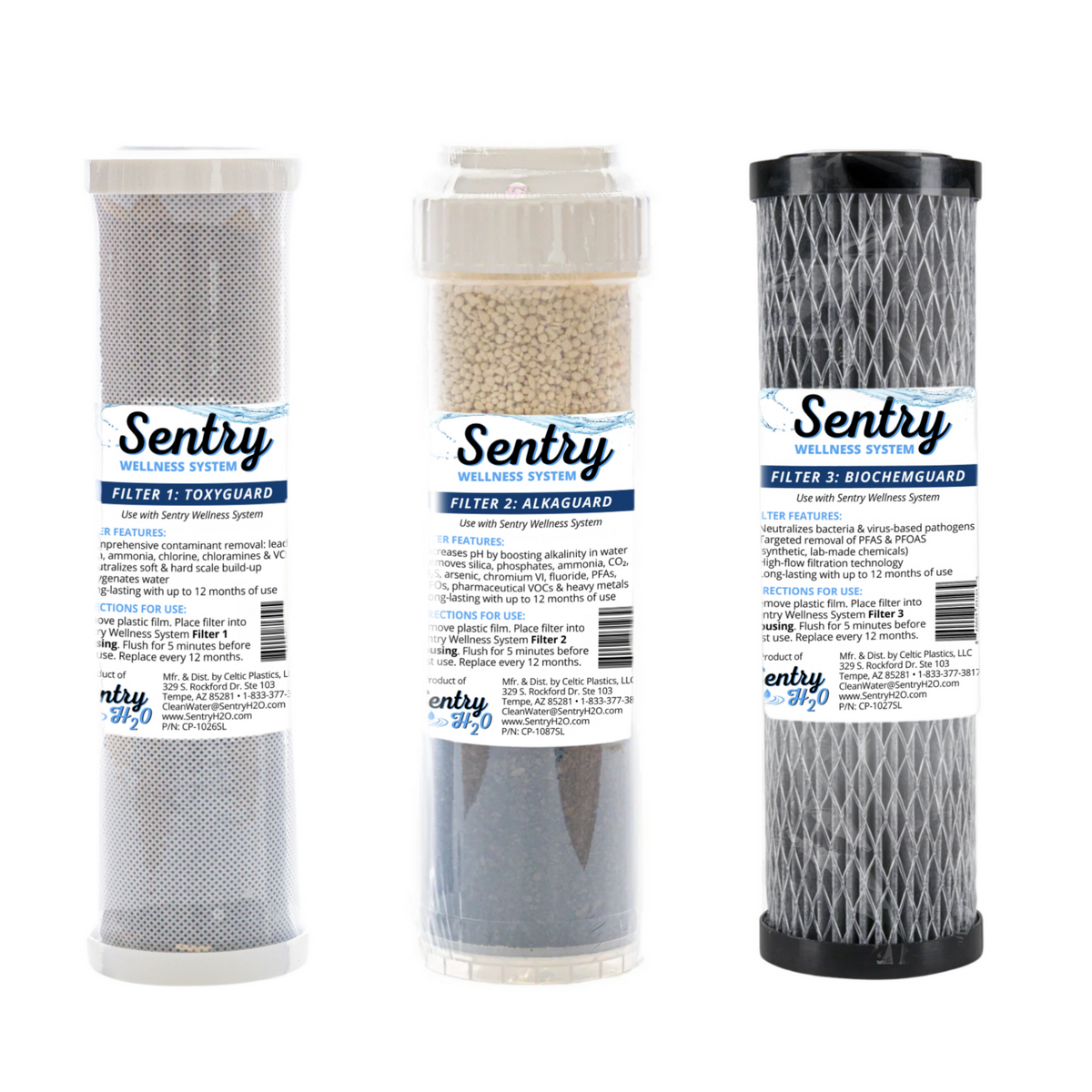 Three Sentry filter cartridges with different filling materials.