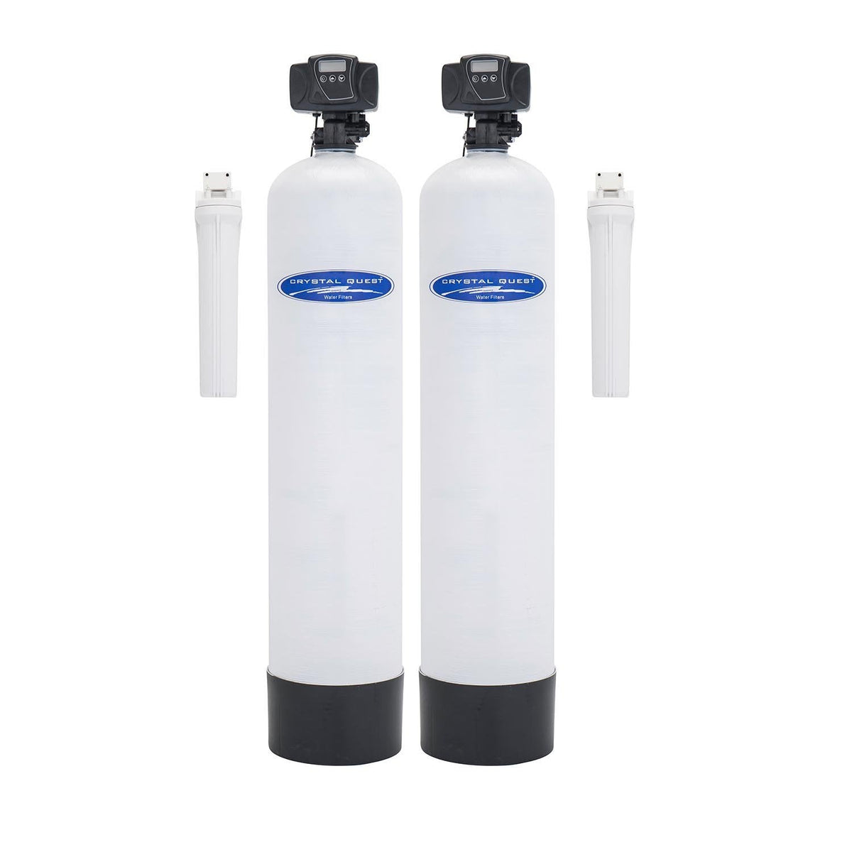 Two white filter cylinders with side cartridges and black valves.
