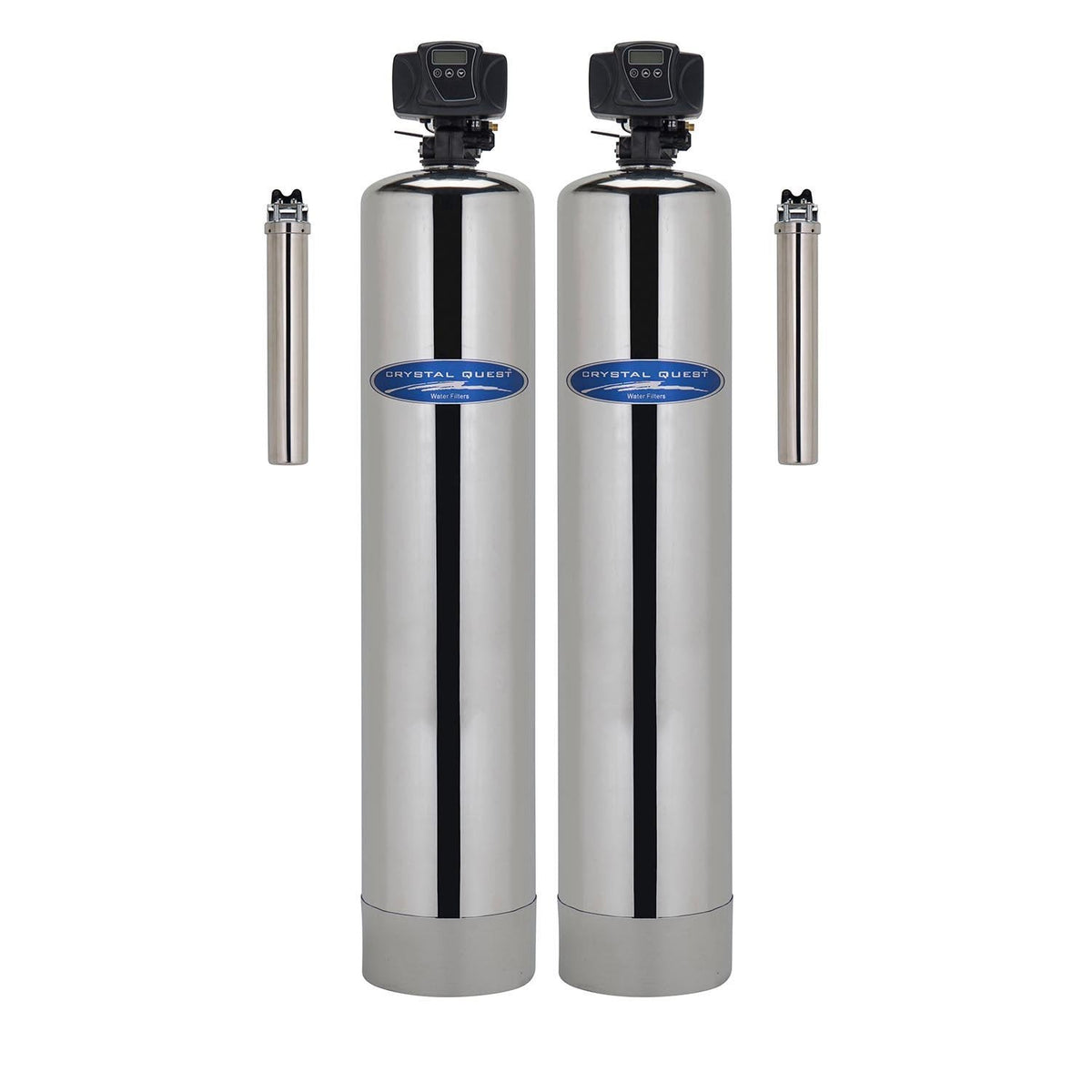 Two metallic filter cylinders with side cartridges and black valves.
