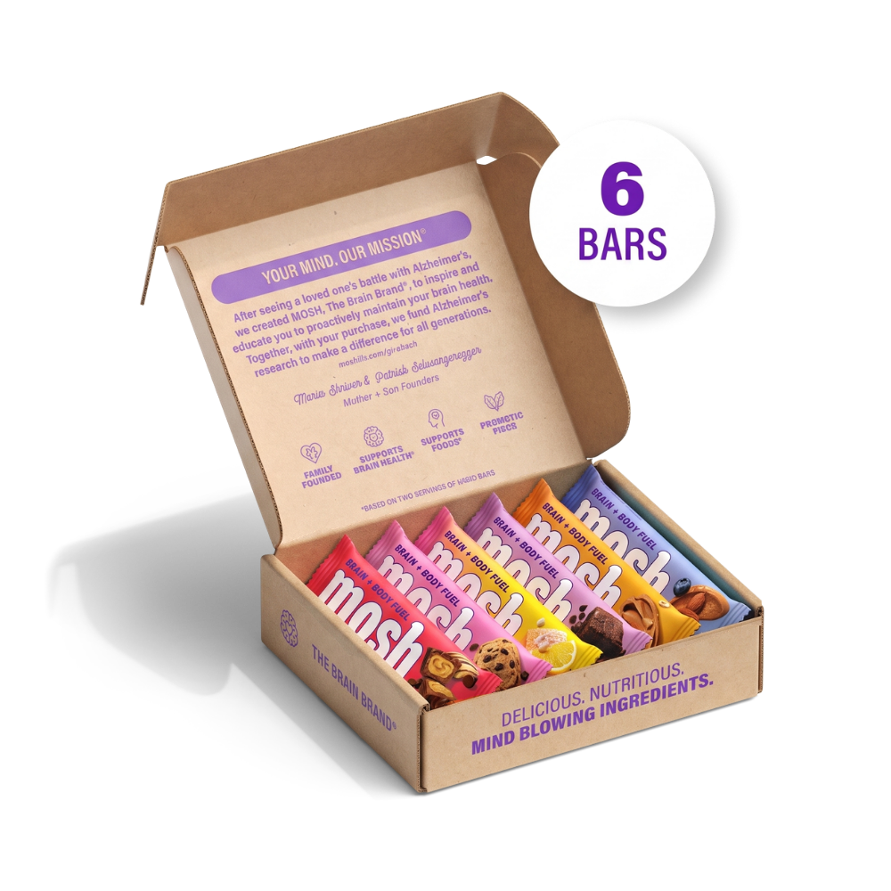 Open MOSH variety box with six individually wrapped bars.