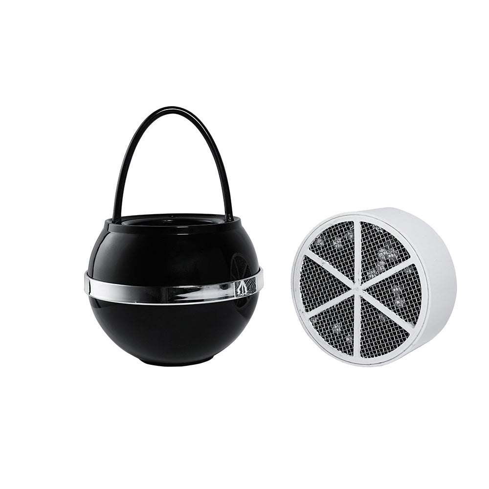 Black bath ball filter beside a round replacement insert.