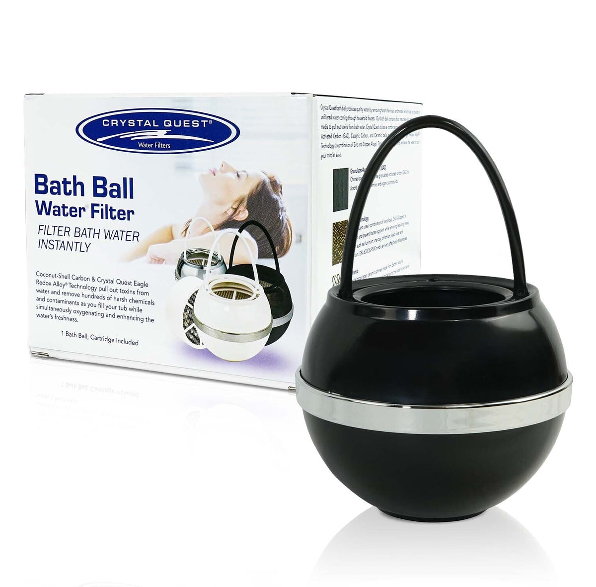 Black bath ball filter beside its retail box.