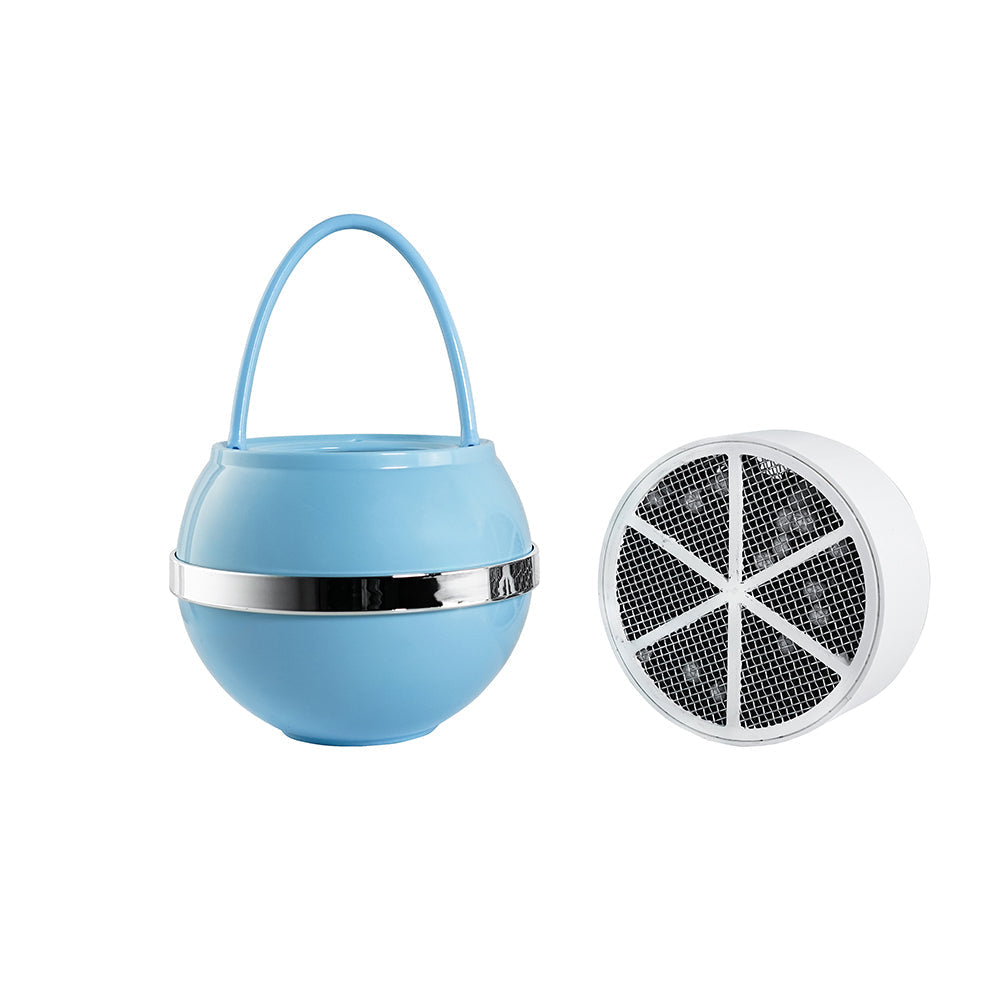 Blue bath ball filter beside a round replacement insert.