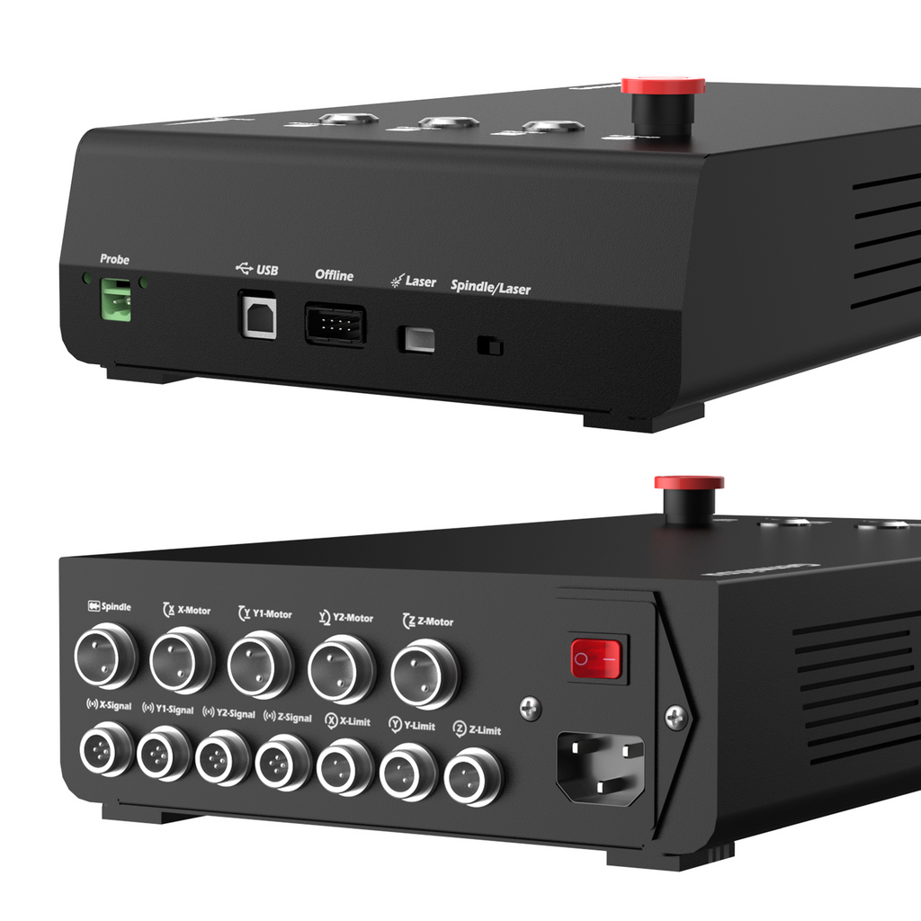 Black CNC control unit shown from two angles.