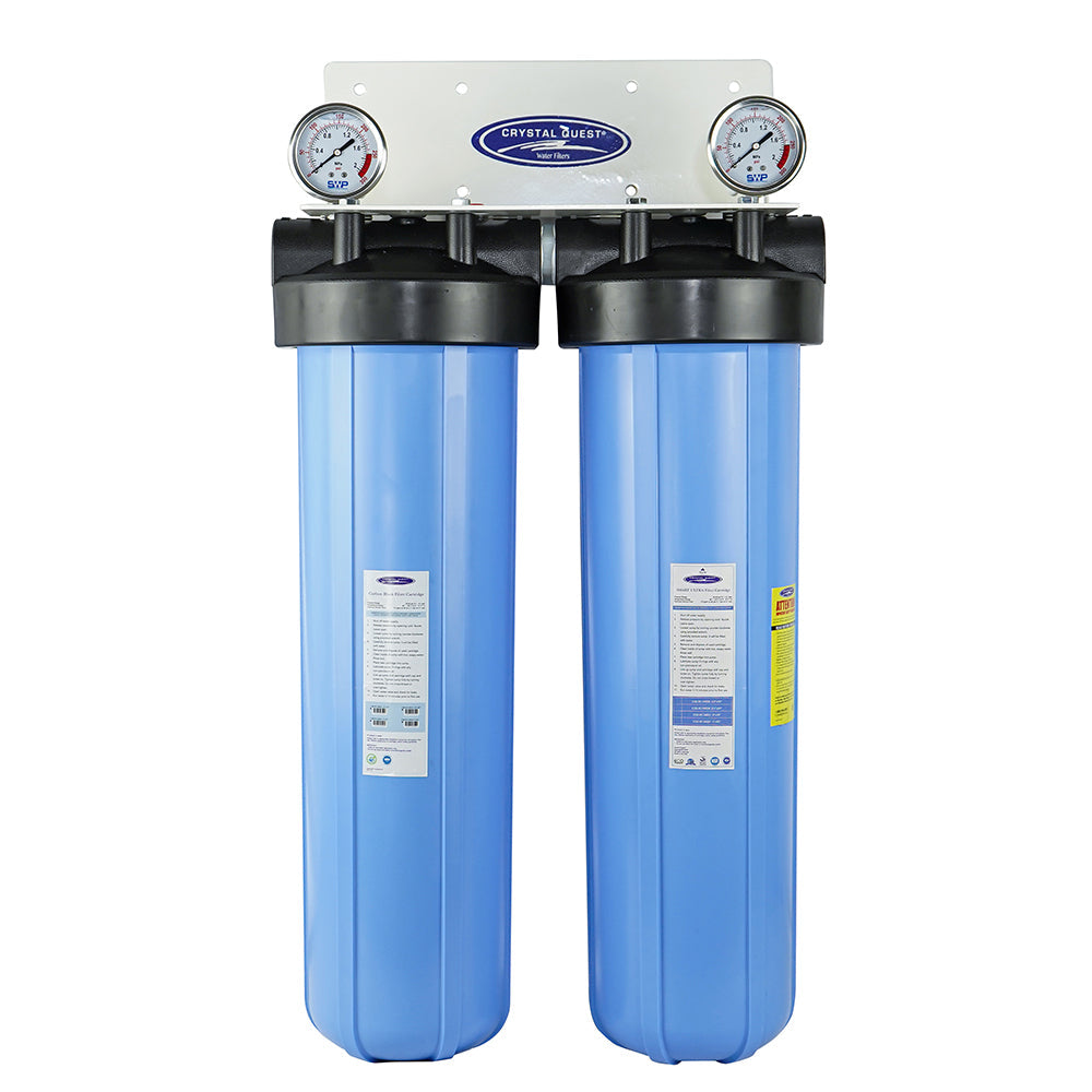 Two blue filter housings with pressure gauges and a mounting bracket.