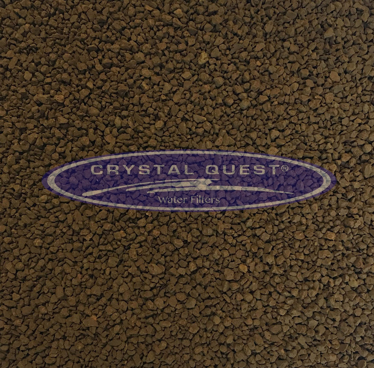 Brown granular filter material with a Crystal Quest logo.