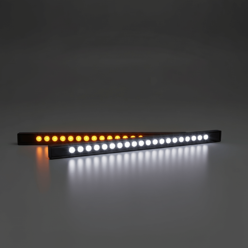 Horizontal LED light bar with amber and white lights illuminated.