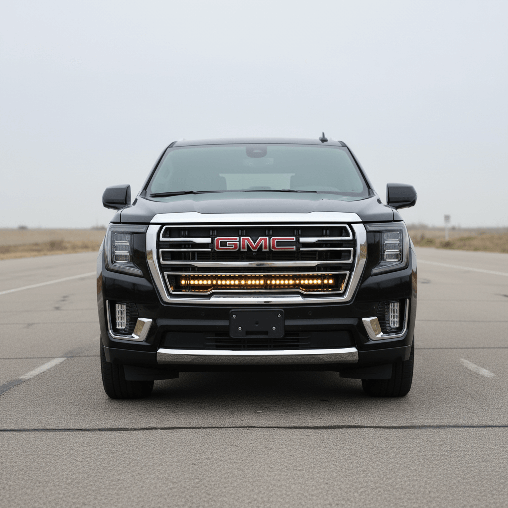 GMC SUV with grille-mounted LED light bar.