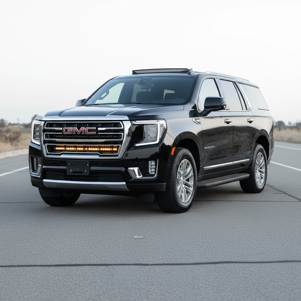 Angled view of GMC SUV with grille light bar.