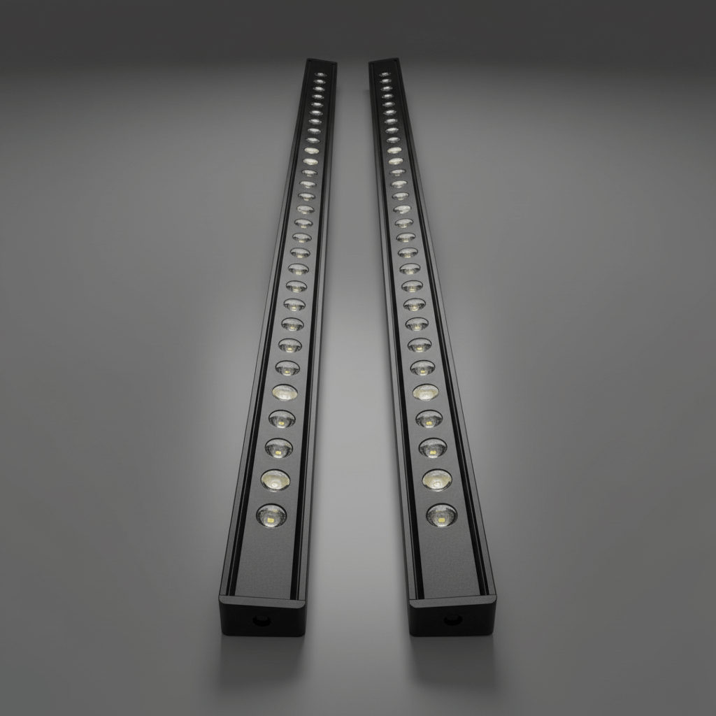 Two unlit LED light bars showing their lenses.