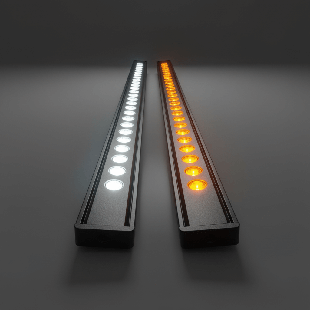 Long white and amber LED light bars on dark background.