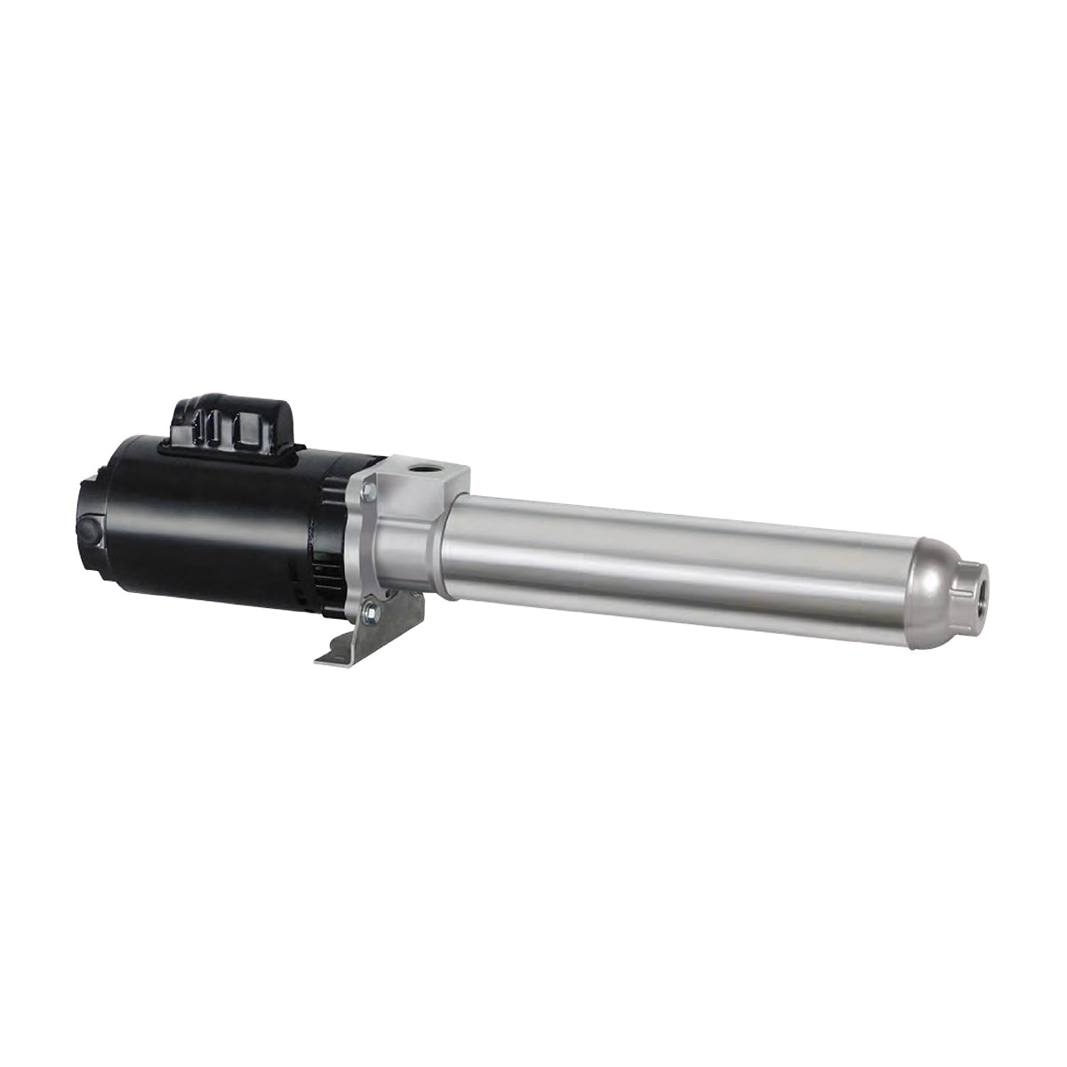 Horizontal metallic pump with a black motor.