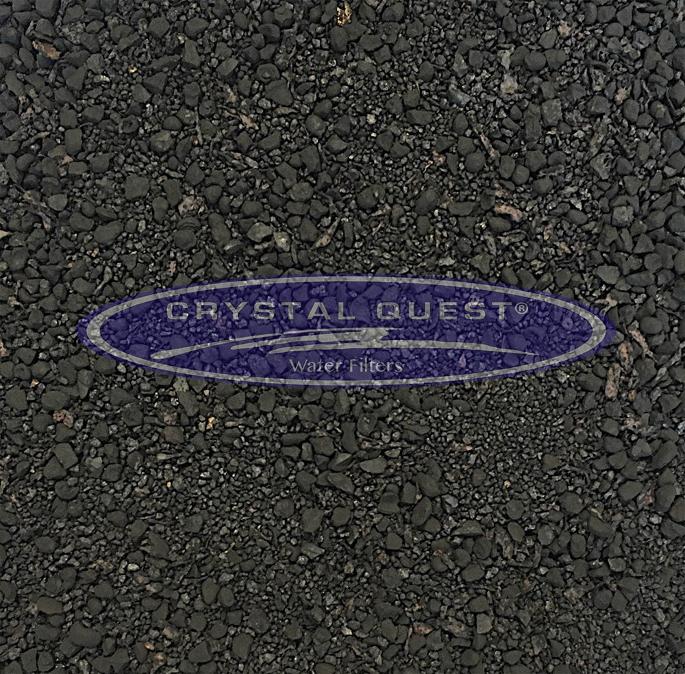 Dark granular filter material with a Crystal Quest logo.