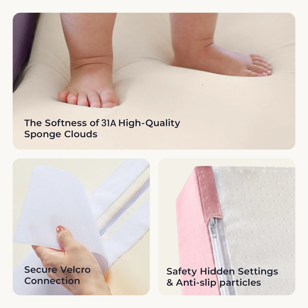 Foam play blocks with close-ups of cover, foam and concealed zipper.