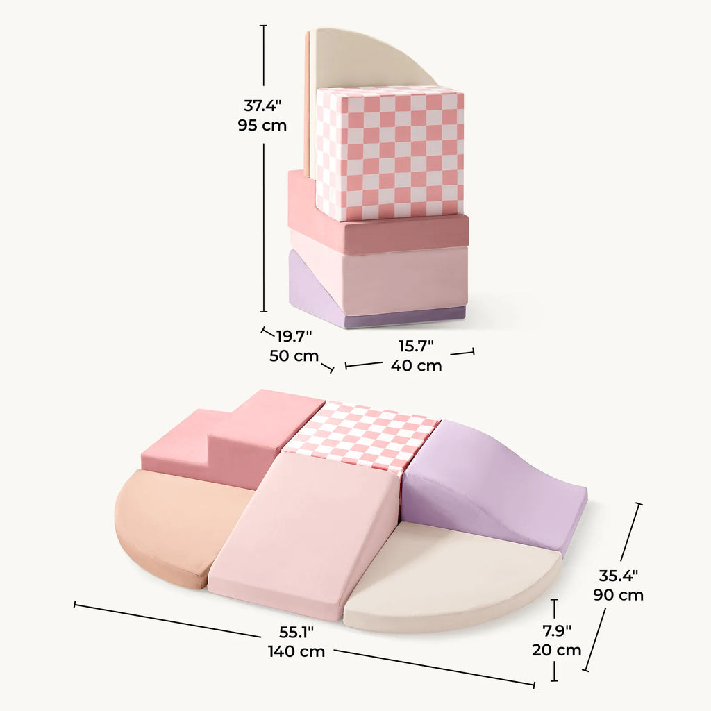 Dimensions graphic for pink and purple foam climbing blocks.