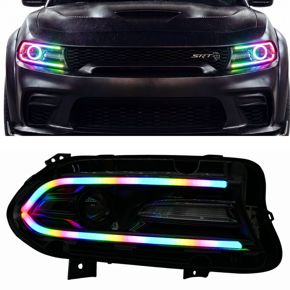 Black car and headlight assembly with rainbow strip lighting.