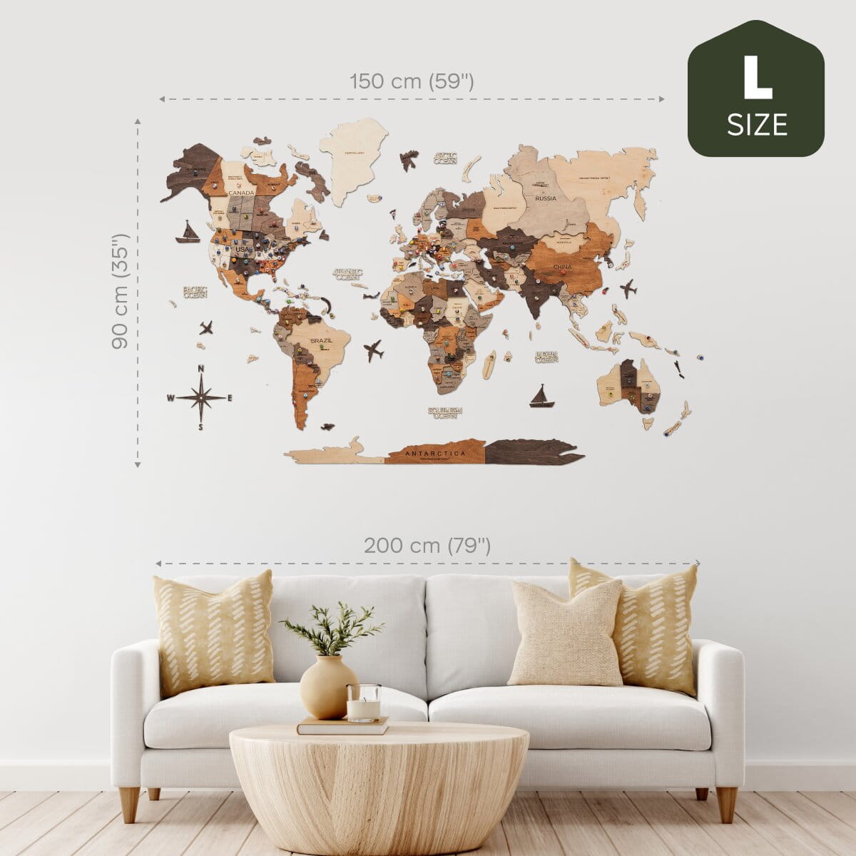 3D Wooden World Map Multicolor
