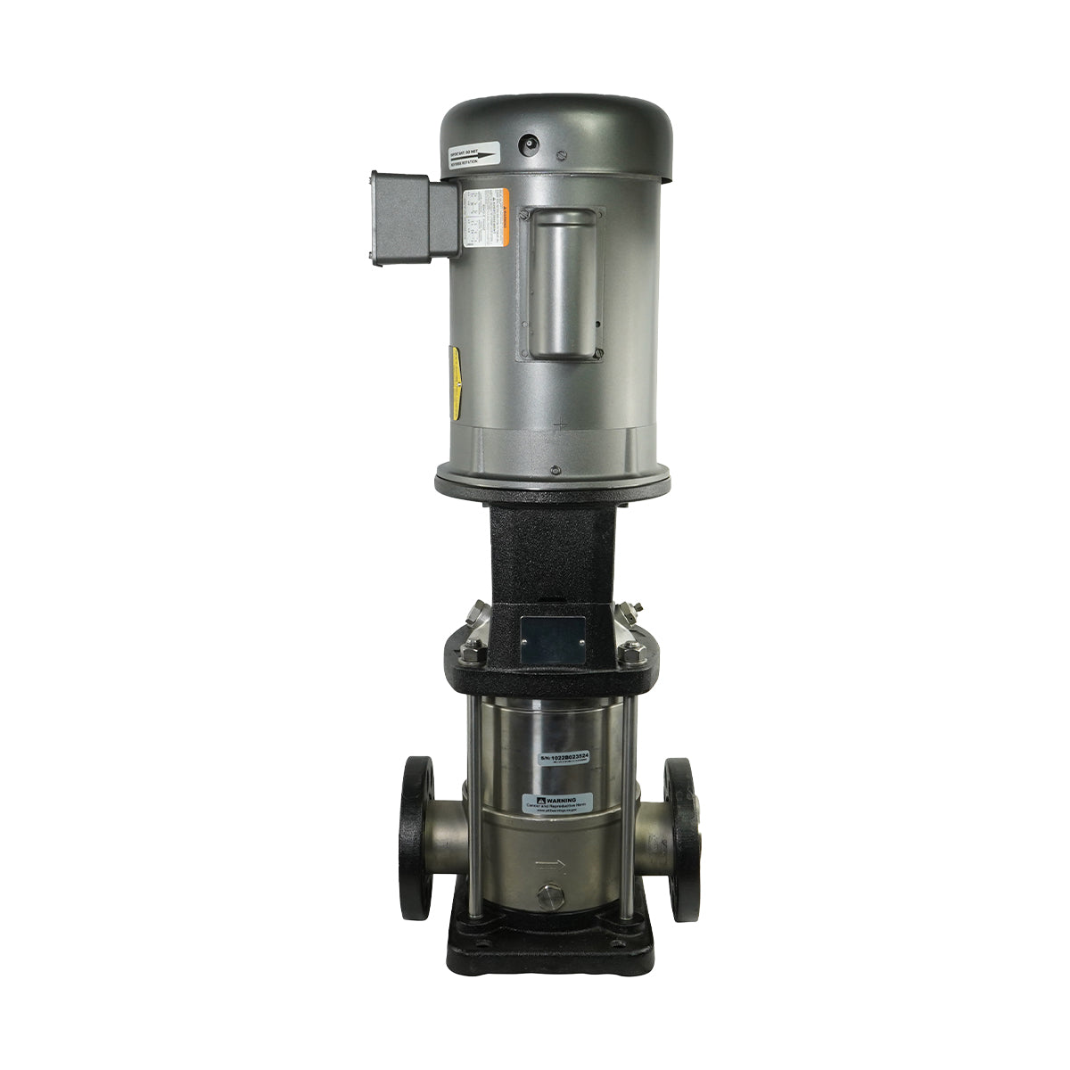 Metallic pump with a vertical transparent chamber and flanged connections.