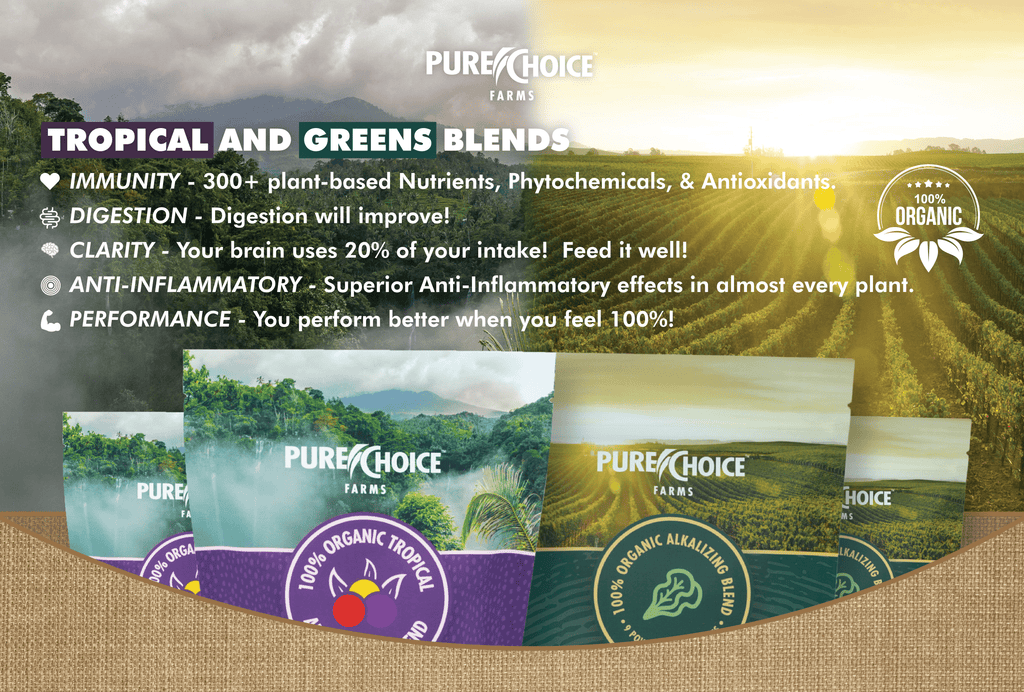 Pure Choice tropical and greens pouches beside promotional text over a landscape.