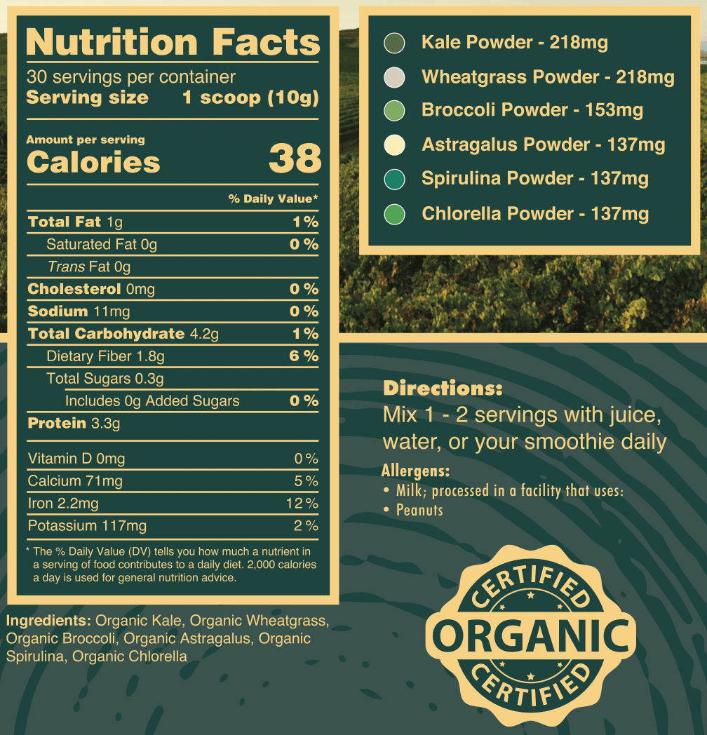 Pure Choice greens-blend nutrition facts, ingredient amounts, and mixing directions.